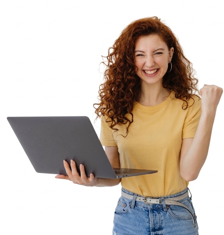 Mujer con laptop celebrando éxito — Creare